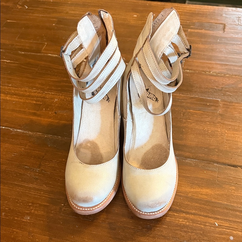 Neutral Ankle-Strap Block Heels in Beige